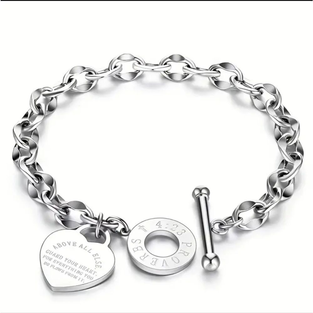 Silver Heart Proverbs 4:23 Toggle Bracelet 